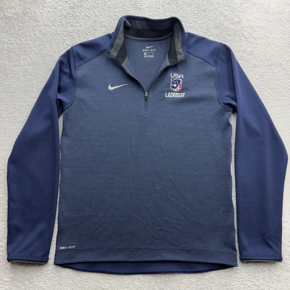 Nike Dri-FIT USA Lacrosse Mens Small 1/4 Zip Pullover Navy Blue Heathered Top